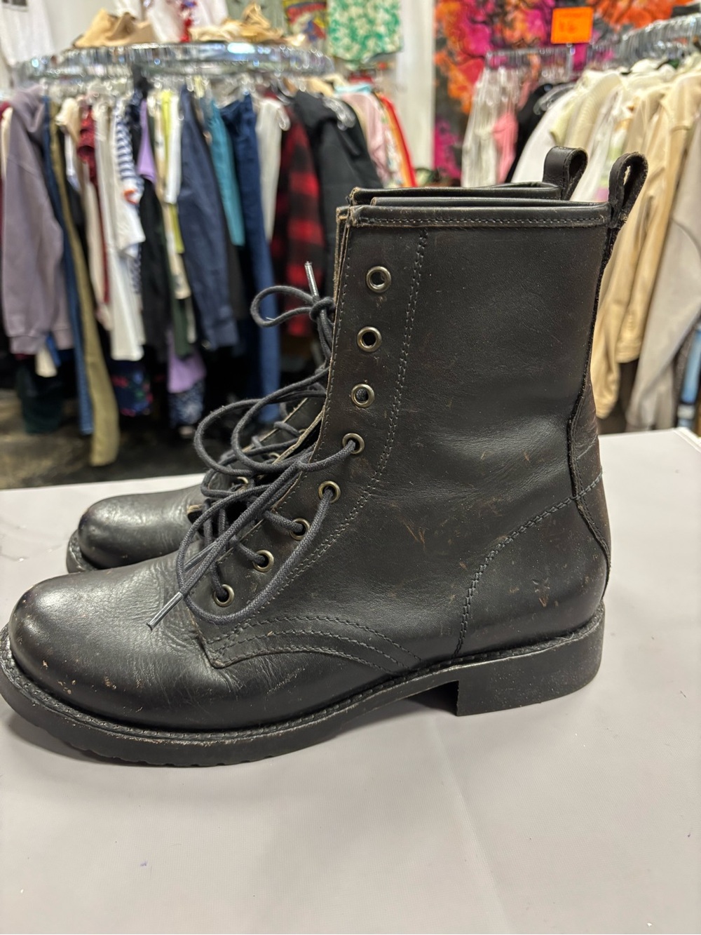 Frye Veronica Flex Black Leather Lace-Up Combat Boots Sz 11 - Picture 3 of 6